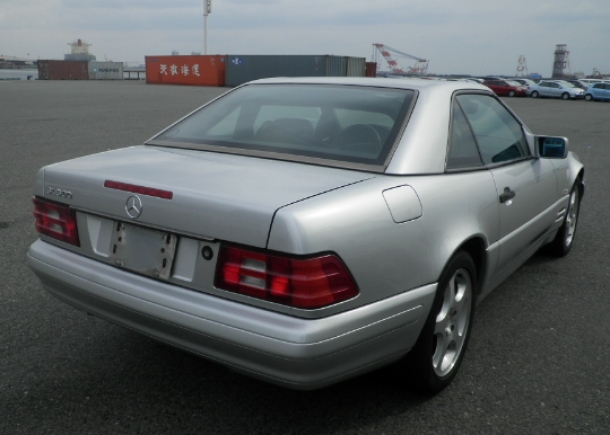 1996 Mercedes Benz SL500,rear right view,silver exterior,red tail lights,Japanese used car auction